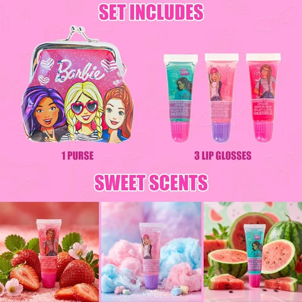 BARBIE MAKEUP KIT 3PC LIP GLOSS N MAKEUP BAG